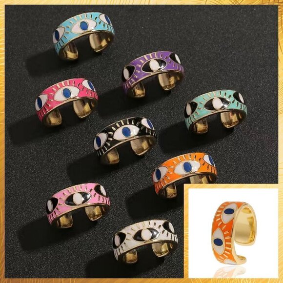 Evil Eye Enamel and Copper Adjustable Ring #1209 ORANGE - Picture 1 of 11